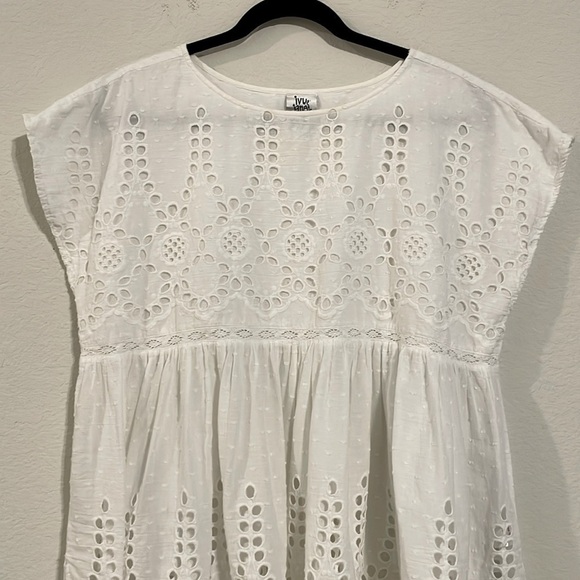 Ivy Jane Anthropologie Women LRG Babydoll Tunic White 100% Cotton Floral Eyelet - Picture 6 of 14